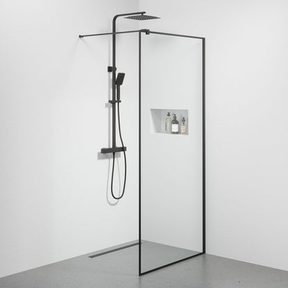 Fast duschvägg med stabiliseringsstag 90x190 cm - 5 mm klarglas - svart profil - Tulsa