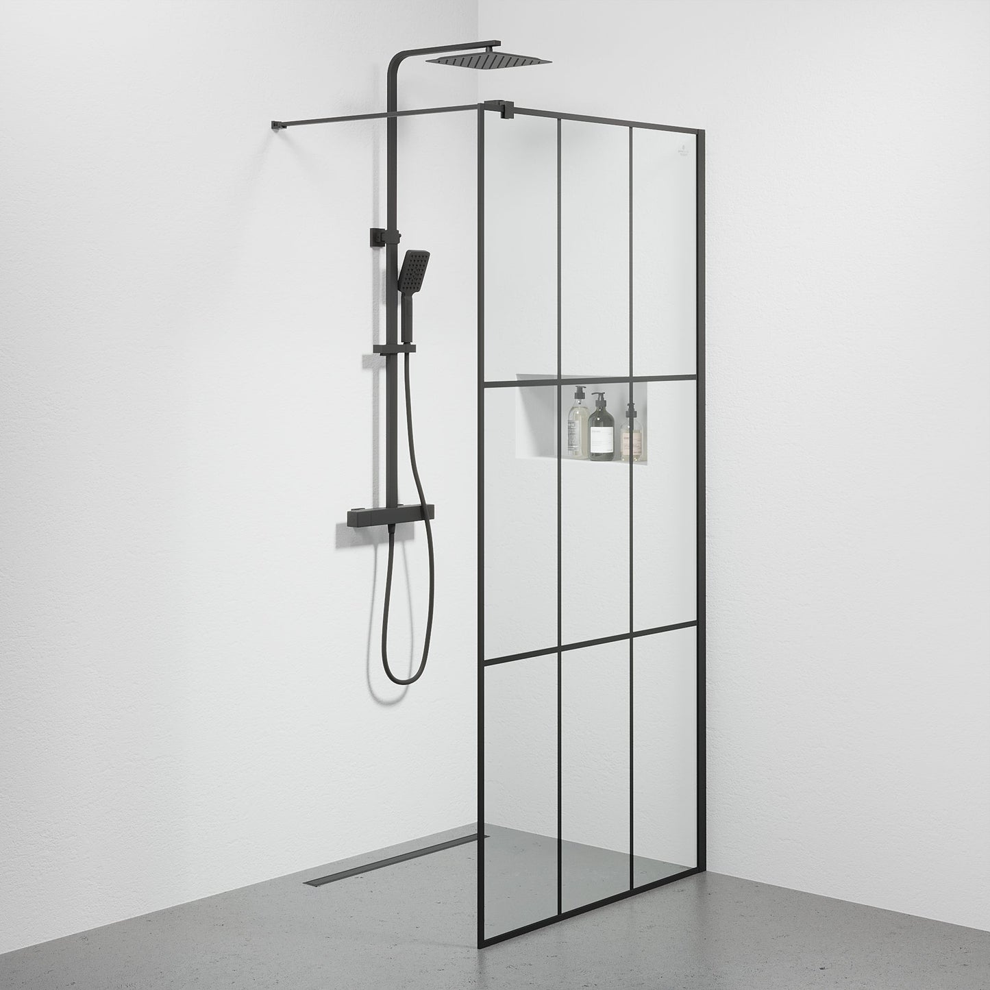 Fast duschvägg med stabiliseringsstag 90x190 cm - 5 mm klarglas med svarta stänger - svart profil - Tulsa