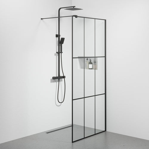 Fast duschvägg med stabiliseringsstag 90x190 cm - 5 mm klarglas med svarta stänger - svart profil - Tulsa