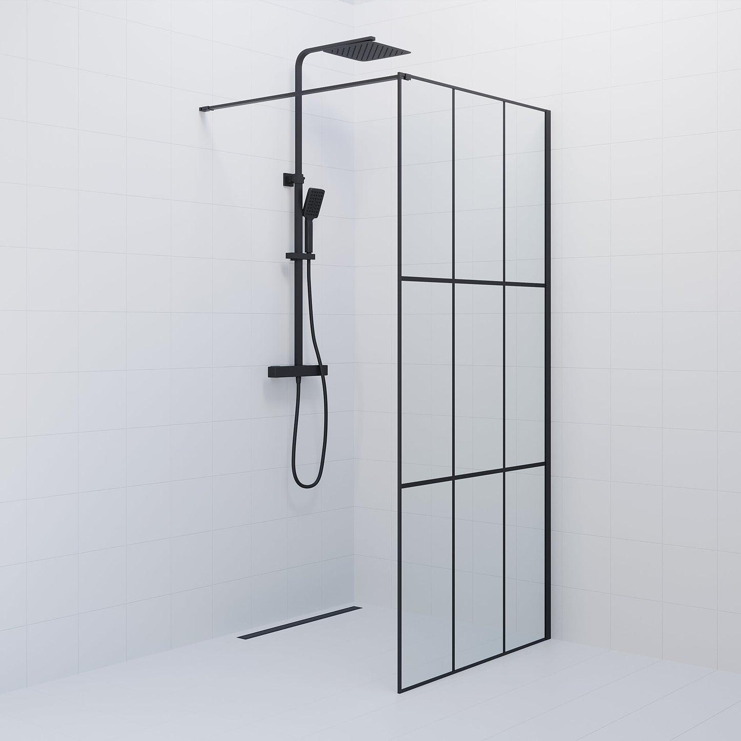 Fast duschvägg med stabiliseringsstag 90x190 cm - 5 mm klarglas med svarta stänger - svart profil - Tulsa