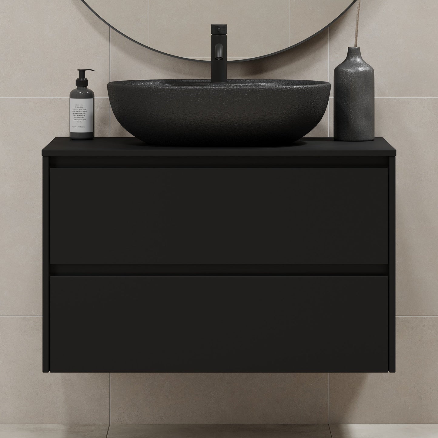 Badrumsmöbel med klassisk integrerad front - 90x46x57 cm - mattsvart - bänkskiva med svart porslinstvättställ - Seiland