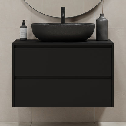 Badrumsmöbel med klassisk integrerad front - 90x46x57 cm - mattsvart - bänkskiva med svart porslinstvättställ - Seiland