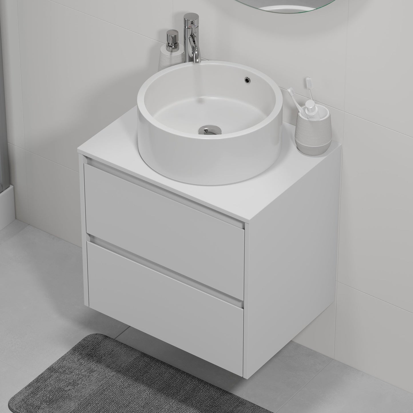 Badrumsmöbel med klassisk integrerad front - 60x46x57 cm - mattvit - bänkskiva med vitt porslinstvättställ - Lofoten