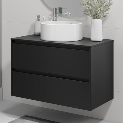Badrumsmöbel med klassisk integrerad front - 90x46x57 cm - mattsvart - bänkskiva med vitt porslinstvättställ - Lofoten
