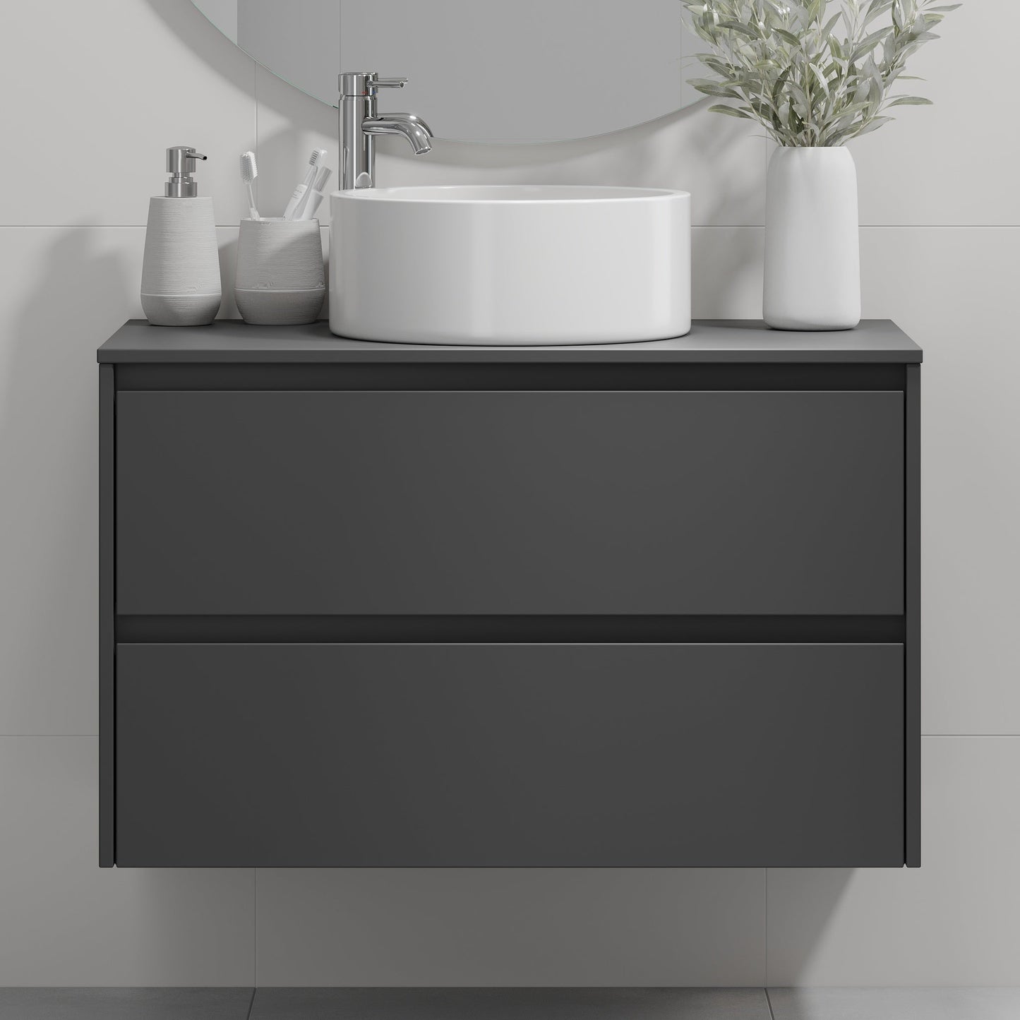 Badrumsmöbel med klassisk integrerad front - 90x46x57 cm - mattsvart - bänkskiva med vitt porslinstvättställ - Lofoten