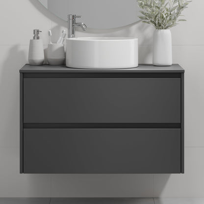 Badrumsmöbel med klassisk integrerad front - 90x46x57 cm - mattsvart - bänkskiva med vitt porslinstvättställ - Lofoten