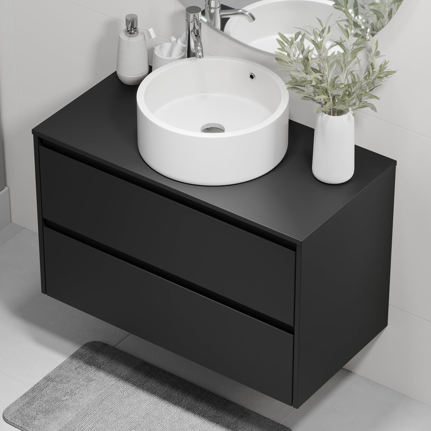 Badrumsmöbel med klassisk integrerad front - 90x46x57 cm - mattsvart - bänkskiva med vitt porslinstvättställ - Lofoten