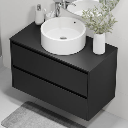 Badrumsmöbel med klassisk integrerad front - 90x46x57 cm - mattsvart - bänkskiva med vitt porslinstvättställ - Lofoten