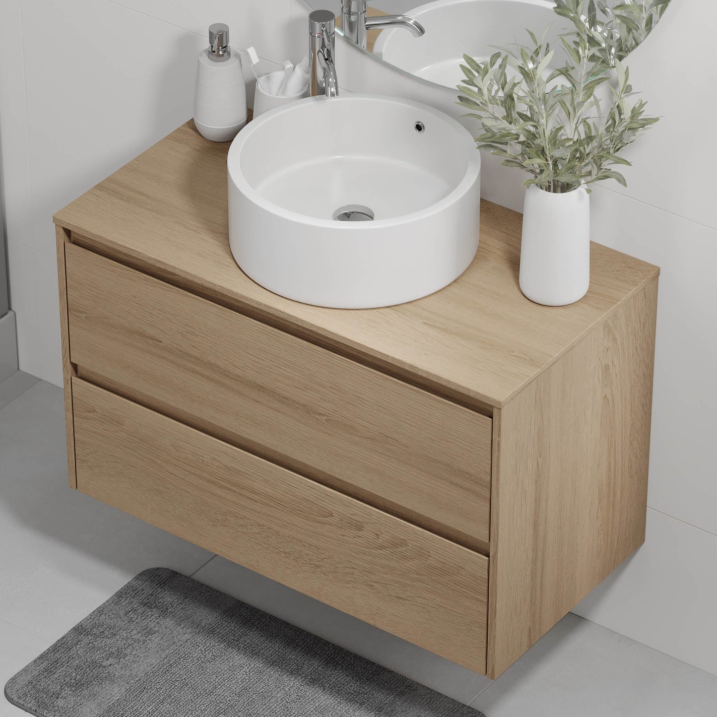 Badrumsmöbel med klassisk integrerad front - 90x46x57 cm - ek - bänkskiva med vitt porslinstvättställ - Lofoten