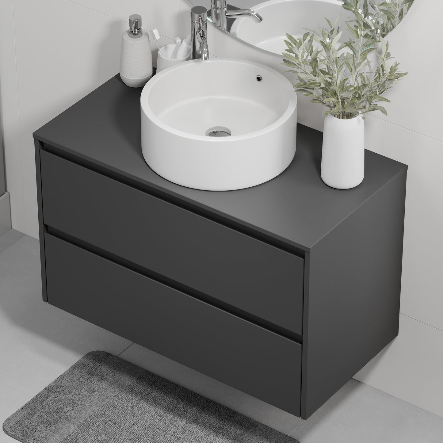Badrumsmöbel med klassisk integrerad front - 60x46x57 cm - antracitgrå - bänkskiva med vitt porslinstvättställ - Lofoten