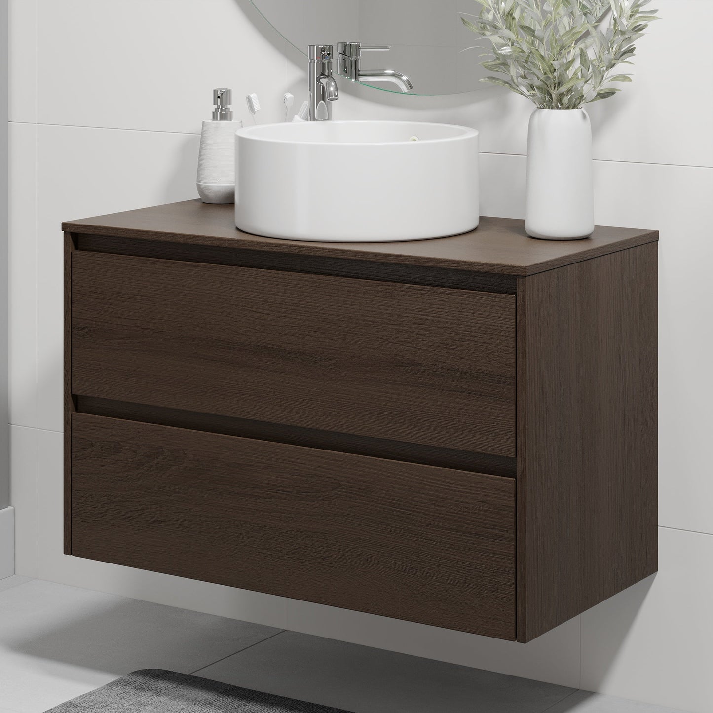 Badrumsmöbel med klassisk integrerad front - 90x46x57 cm - valnöt - bänkskiva med vitt porslinstvättställ - Lofoten