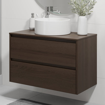 Badrumsmöbel med klassisk integrerad front - 90x46x57 cm - valnöt - bänkskiva med vitt porslinstvättställ - Lofoten