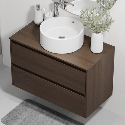 Badrumsmöbel med klassisk integrerad front - 90x46x57 cm - valnöt - bänkskiva med vitt porslinstvättställ - Lofoten