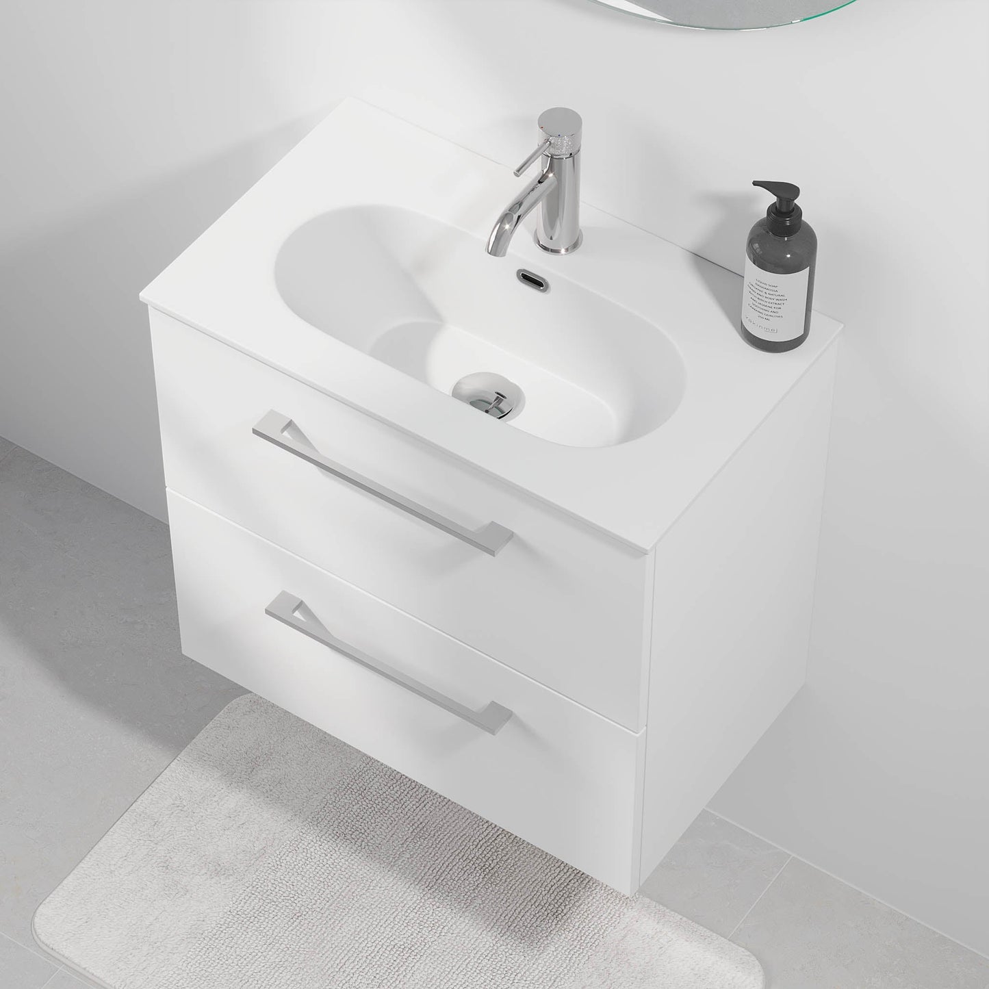 Badrumsmöbel med klassiska fronter - SLIM - 60x36x57 cm - mattvit - tvättställ i massivt material - kromat handtag - Harstad