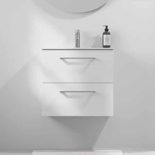 Badrumsmöbel med klassiska fronter - SLIM - 60x36x57 cm - mattvit - tvättställ i massivt material - kromat handtag - Harstad