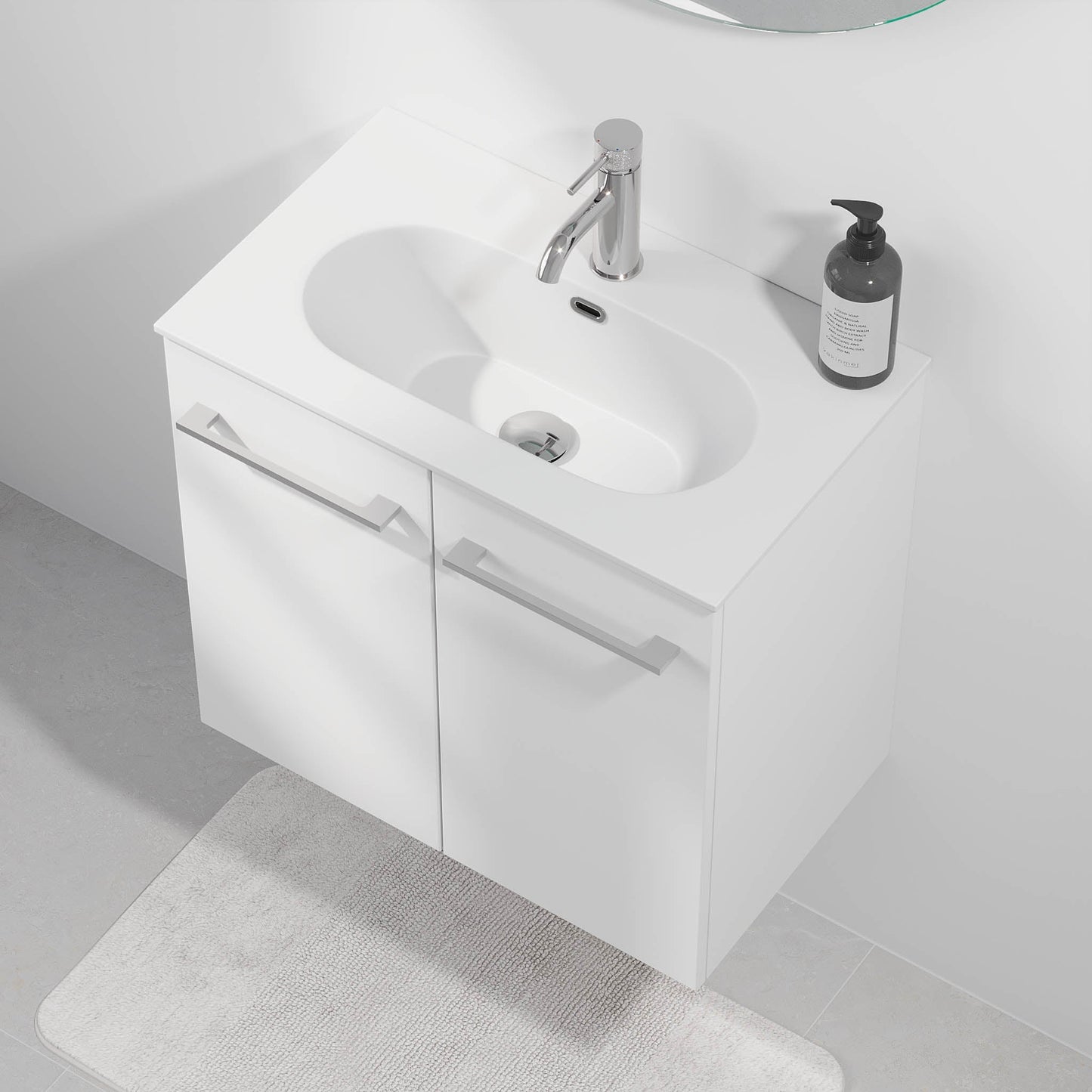 Badrumsmöbel med klassiska fronter - SLIM - 60x36x57 cm - mattvit - tvättställ i massivt material - kromat handtag - Harstad