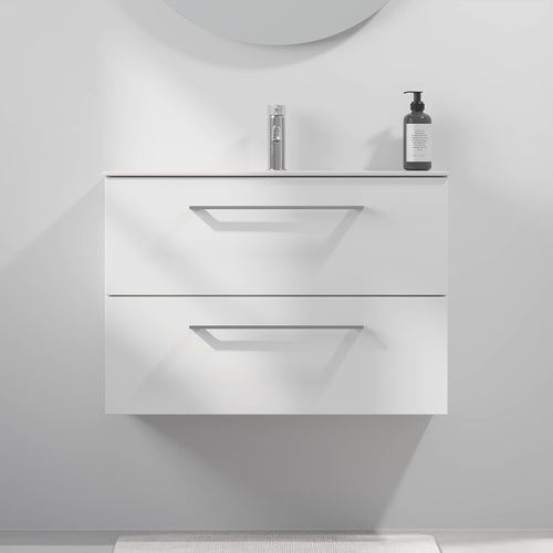 Badrumsmöbel med klassiska dörrar - SLIM - 80x36x57 cm - mattvit - tvättställ i solid surface - kromat handtag - Harstad