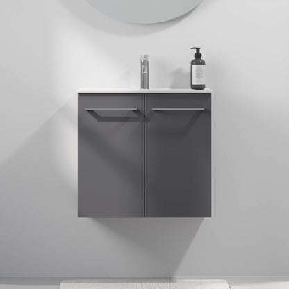Badrumsmöbel med klassisk dörr - SLIM - 50x36x55 cm - antracitgrå - porslinstvättställ - kromat handtag - Magnor