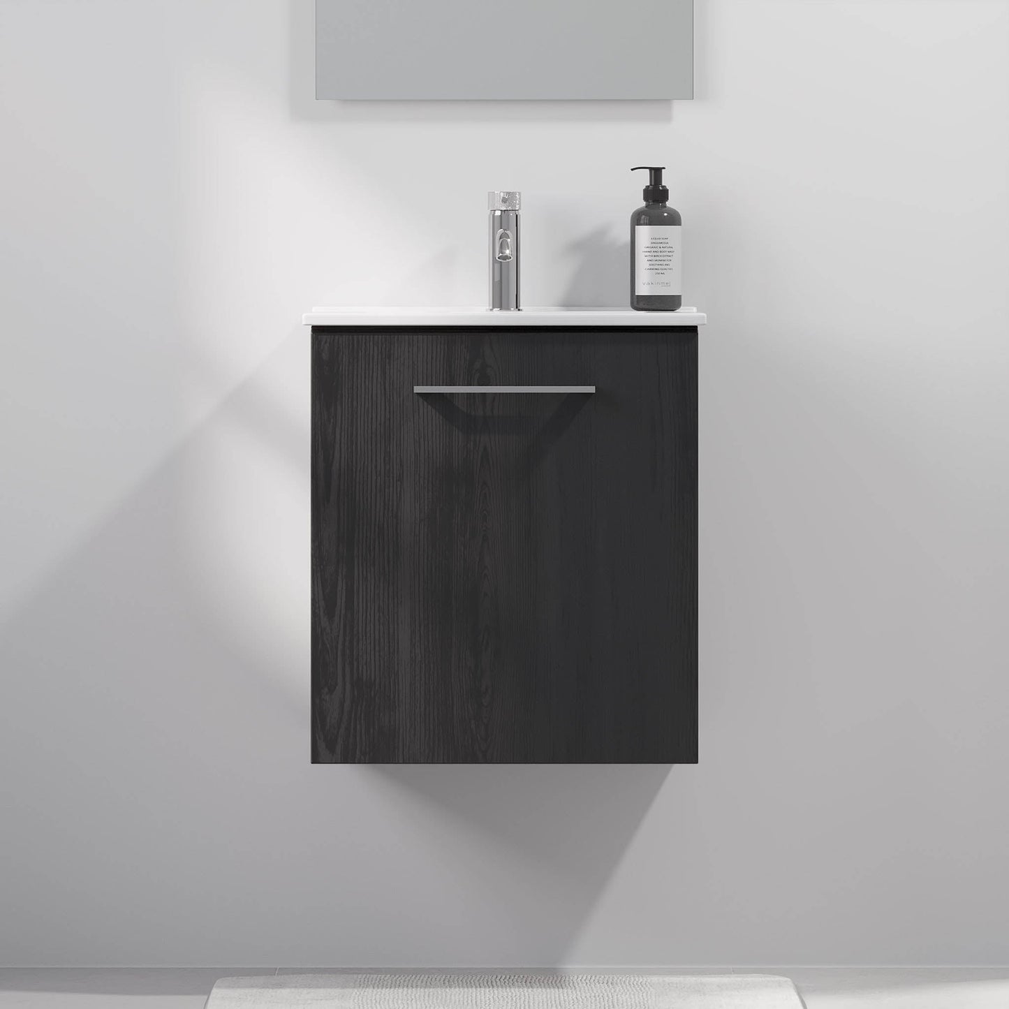 Badrumsmöbel med klassisk dörr - SLIM - 50x36x55 cm - svart trästruktur - porslinstvättställ - kromat handtag - Magnor