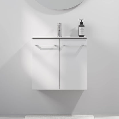 Badrumsmöbel med klassisk dörr - SLIM - 50x36x55 cm - mattvit - porslinstvättställ - kromat handtag - Magnor