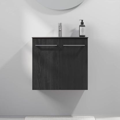 Badrumsmöbel med klassiska fronter - SLIM - 60x36x57 cm - svart trästruktur - tvättställ i kompositmaterial - kromade handtag - Horten