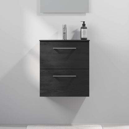 Badrumsmöbel med klassiska fronter - SLIM - 60x36x57 cm - svart trästruktur - tvättställ i kompositmaterial - kromade handtag - Horten