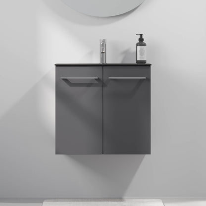 Badrumsmöbel med klassiska dörrar - SLIM - 60x36x57 cm - antracitgrå - tvättställ i kompositmaterial - kromade handtag - Horten