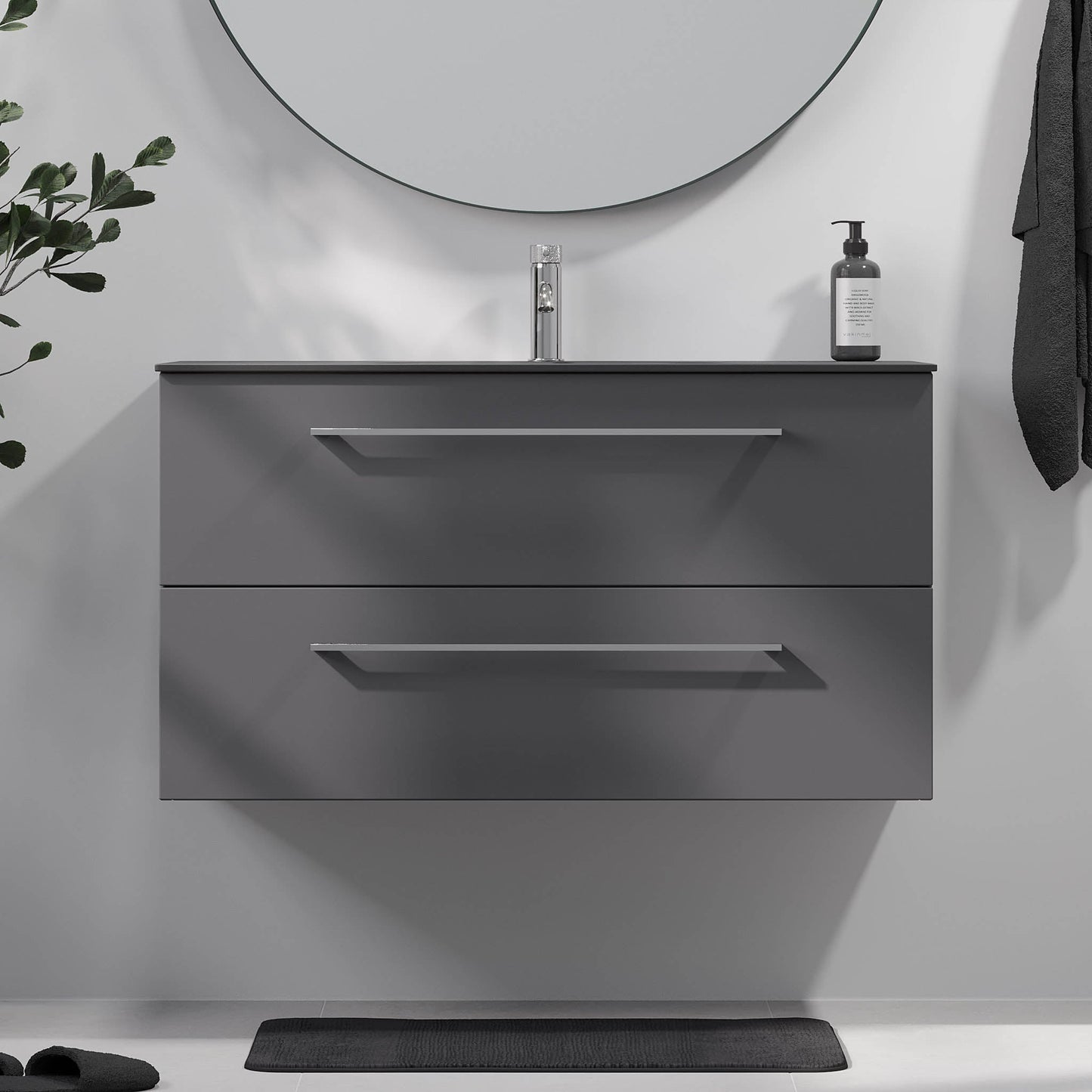 Badrumsmöbel med klassiska fronter - SLIM - 80x36x57 cm - antracitgrå - tvättställ i kompositmaterial - kromade handtag - Horten