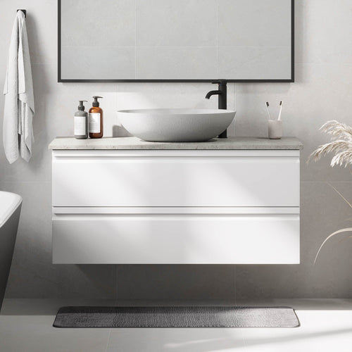 Badrumsmöbel med moderna integrerade fronter - 120x46x57 cm - mattvit - betongbänkskiva och singel tvättställ - Odda