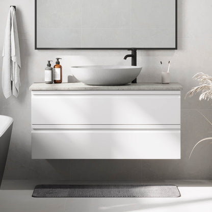 Badrumsmöbel med moderna integrerade fronter - 120x46x57 cm - mattvit - betongbänkskiva och dubbelt tvättställ - Odda