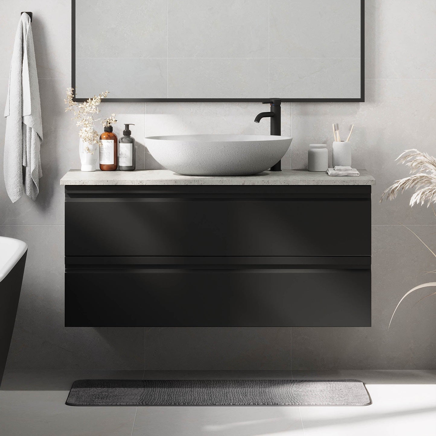 Badrumsmöbel med moderna integrerade fronter - 100x46x57 cm - mattsvart - bänkskiva och tvättställ i betong - Odda