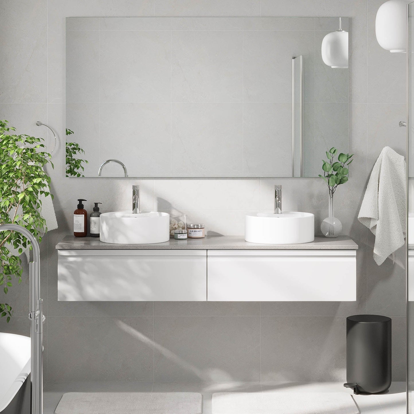 Badrumsmöbel med modern integrerad front - 80x46x29 cm - mattvit - grå bänkskiva med porslinstvättställ - Mirage