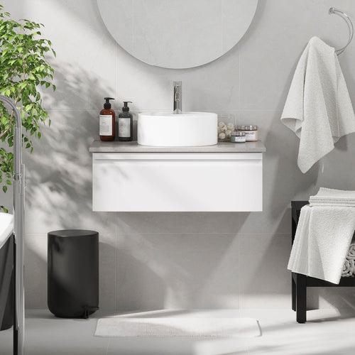 Badrumsmöbel med modern integrerad front - 80x46x29 cm - mattvit - grå bänkskiva med porslinstvättställ - Mirage