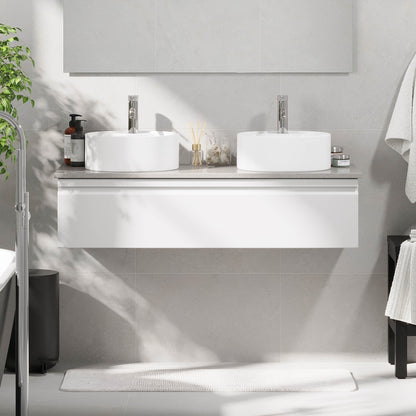 Badrumsmöbel med modern integrerad front - 80x46x29 cm - mattvit - grå bänkskiva med porslinstvättställ - Mirage