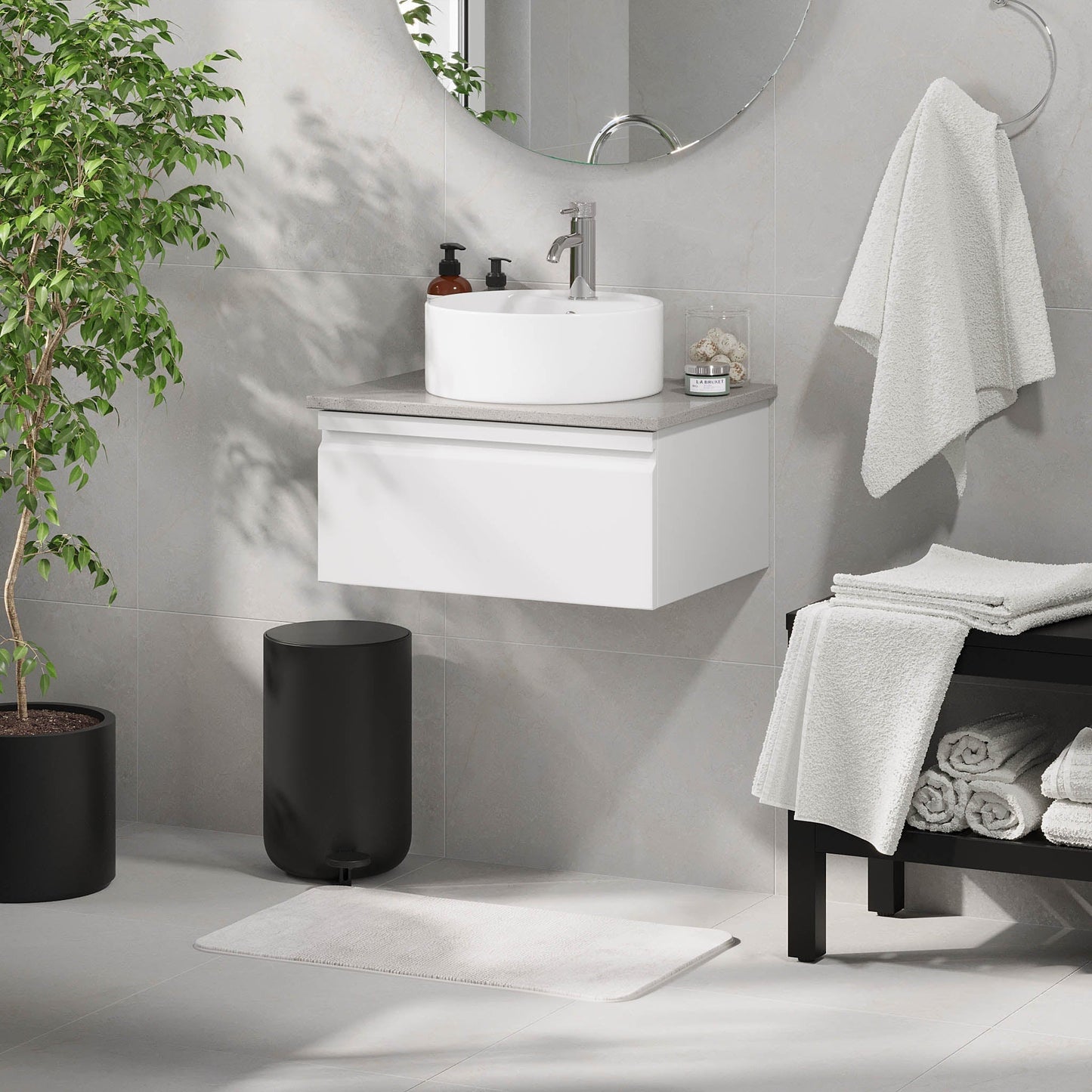 Badrumsmöbel med modern integrerad front - 80x46x29 cm - mattvit - grå bänkskiva med porslinstvättställ - Mirage
