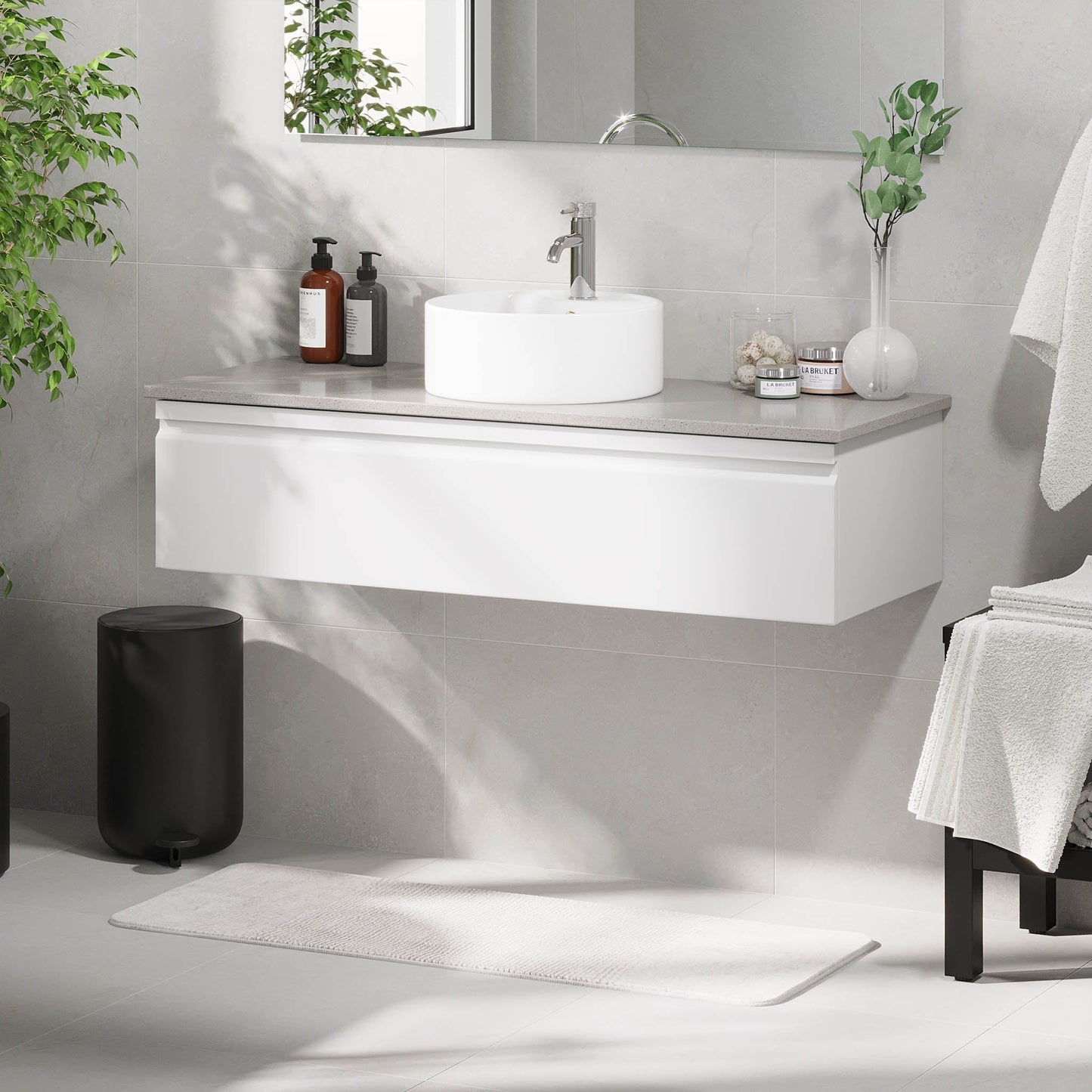 Badrumsmöbel med modern integrerad front - 100x46x29 cm - mattvit - grå bänkskiva med porslinstvättställ - Mirage