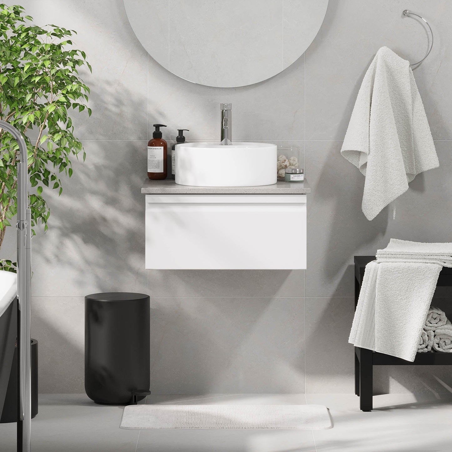 Badrumsmöbel med modern integrerad front - 100x46x29 cm - mattvit - grå bänkskiva med porslinstvättställ - Mirage