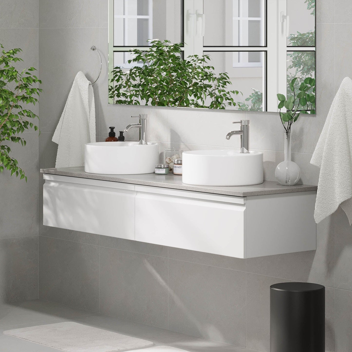 Badrumsmöbel med modern integrerad front - 100x46x29 cm - mattvit - grå bänkskiva med porslinstvättställ - Mirage