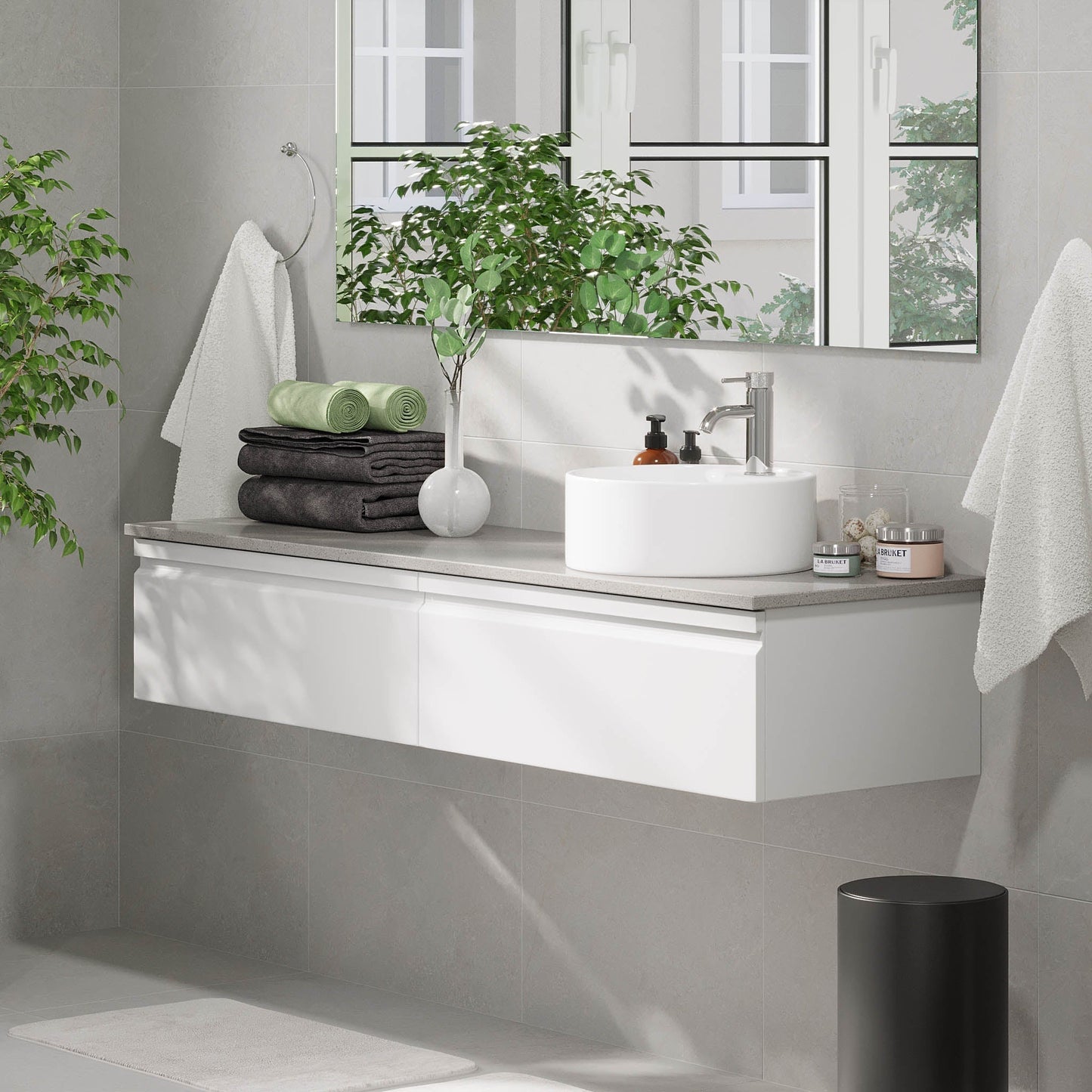 Badrumsmöbel med modern integrerad front - 100x46x29 cm - mattvit - grå bänkskiva med porslinstvättställ - Mirage