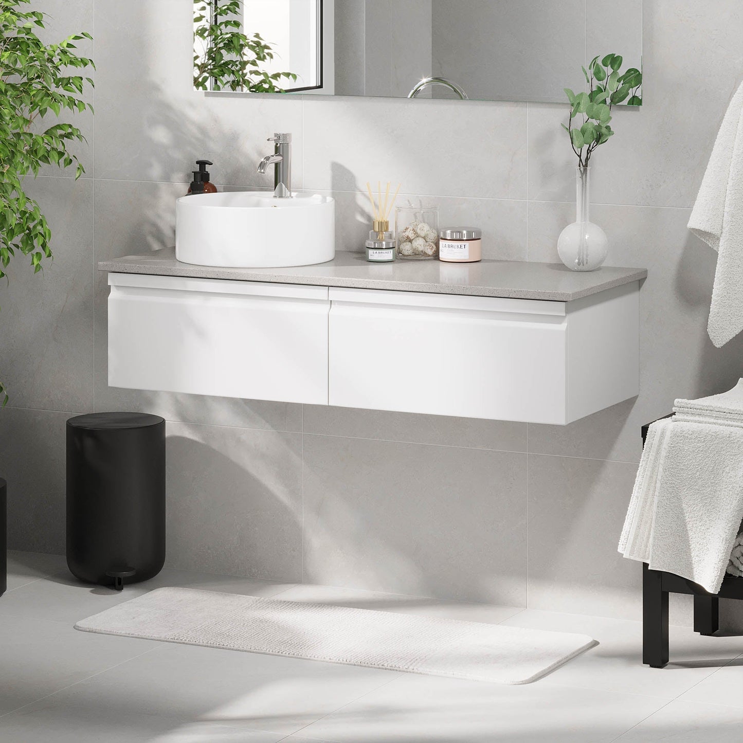 Badrumsmöbel med modern integrerad front - 120x46x29 cm - mattvit - grå bänkskiva med porslinstvättställ - Mirage