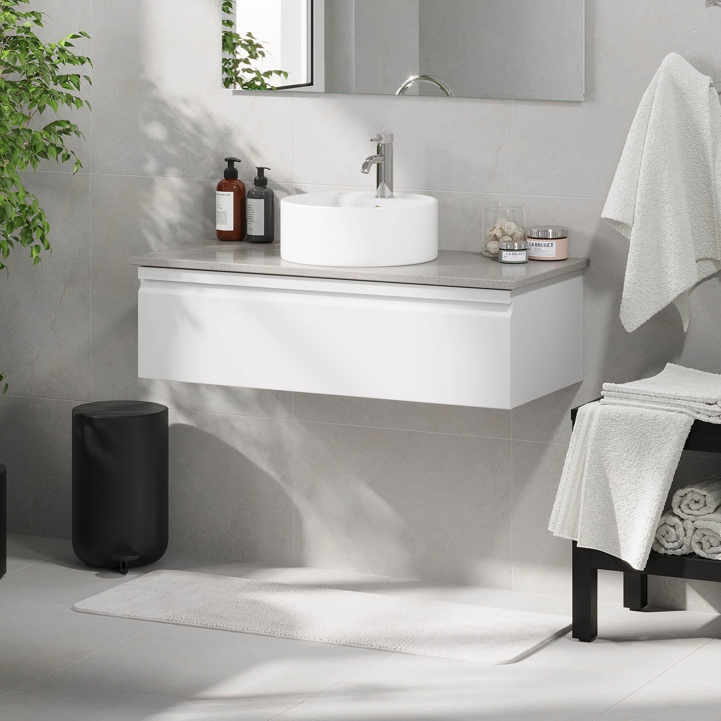 Badrumsmöbel med modern integrerad front - 120x46x29 cm - mattvit - grå bänkskiva med porslinstvättställ - Mirage