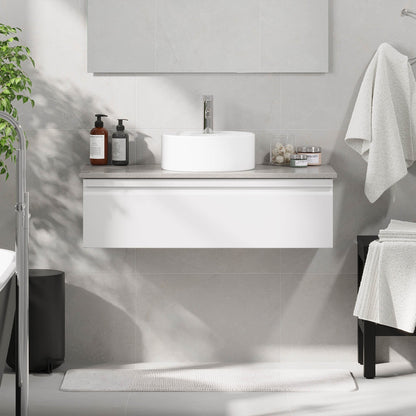 Badrumsmöbel med modern integrerad front - 120x46x29 cm - mattvit - grå bänkskiva med porslinstvättställ - Mirage