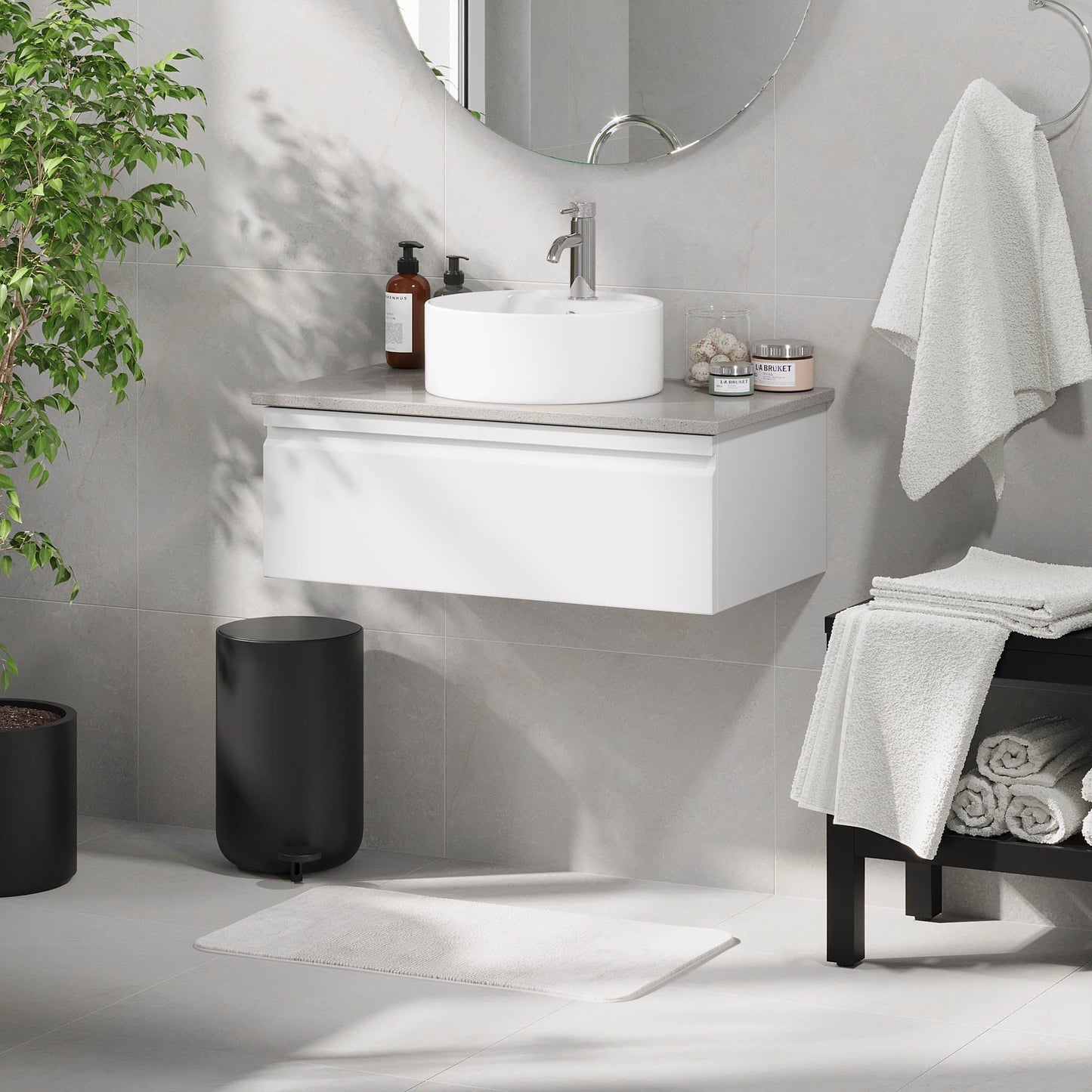 Badrumsmöbel med modern integrerad front - 120x46x29 cm - mattvit - grå bänkskiva med porslinstvättställ - Mirage