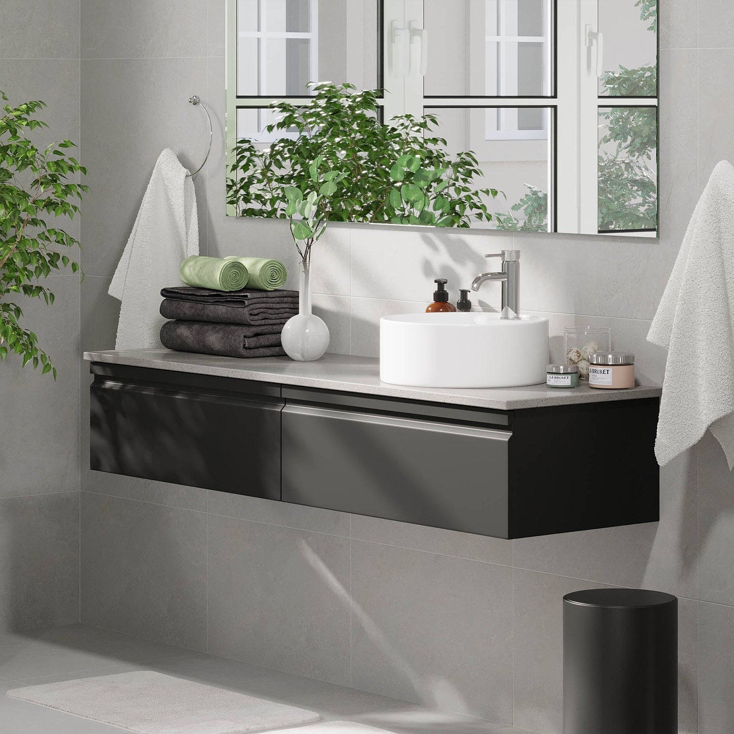 Badrumsmöbel med modern integrerad front - 80x46x29 cm - mattsvart - grå bänkskiva med porslinstvättställ - Mirage