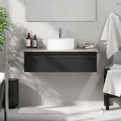 Badrumsmöbel med modern integrerad front - 80x46x29 cm - mattsvart - grå bänkskiva med porslinstvättställ - Mirage