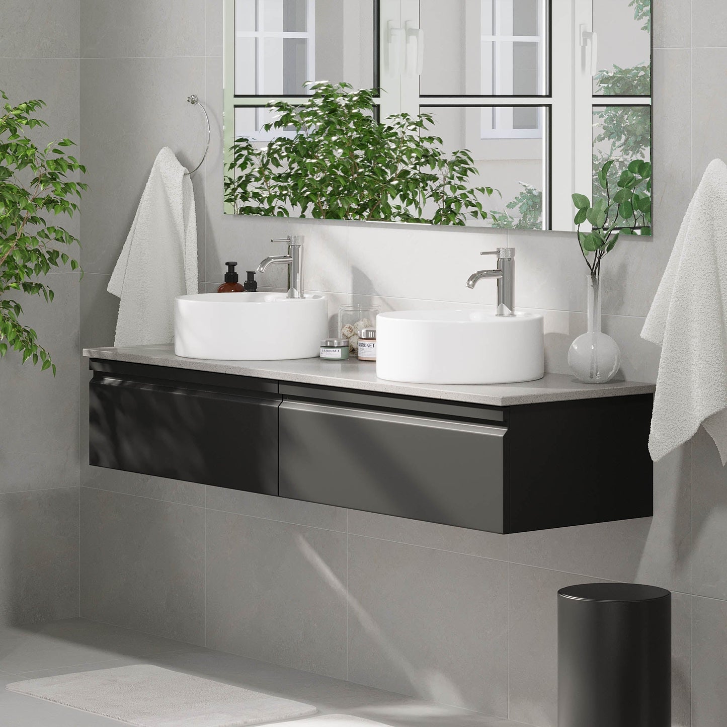 Badrumsmöbel med modern integrerad front - 80x46x29 cm - mattsvart - grå bänkskiva med porslinstvättställ - Mirage
