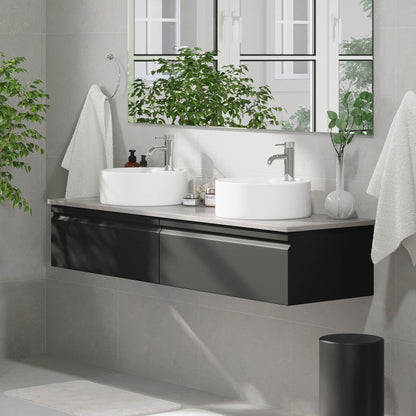 Badrumsmöbel med modern integrerad front - 80x46x29 cm - mattsvart - grå bänkskiva med porslinstvättställ - Mirage