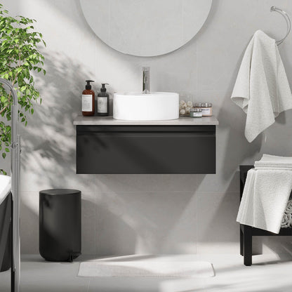 Badrumsmöbel med modern integrerad front - 80x46x29 cm - mattsvart - grå bänkskiva med porslinstvättställ - Mirage