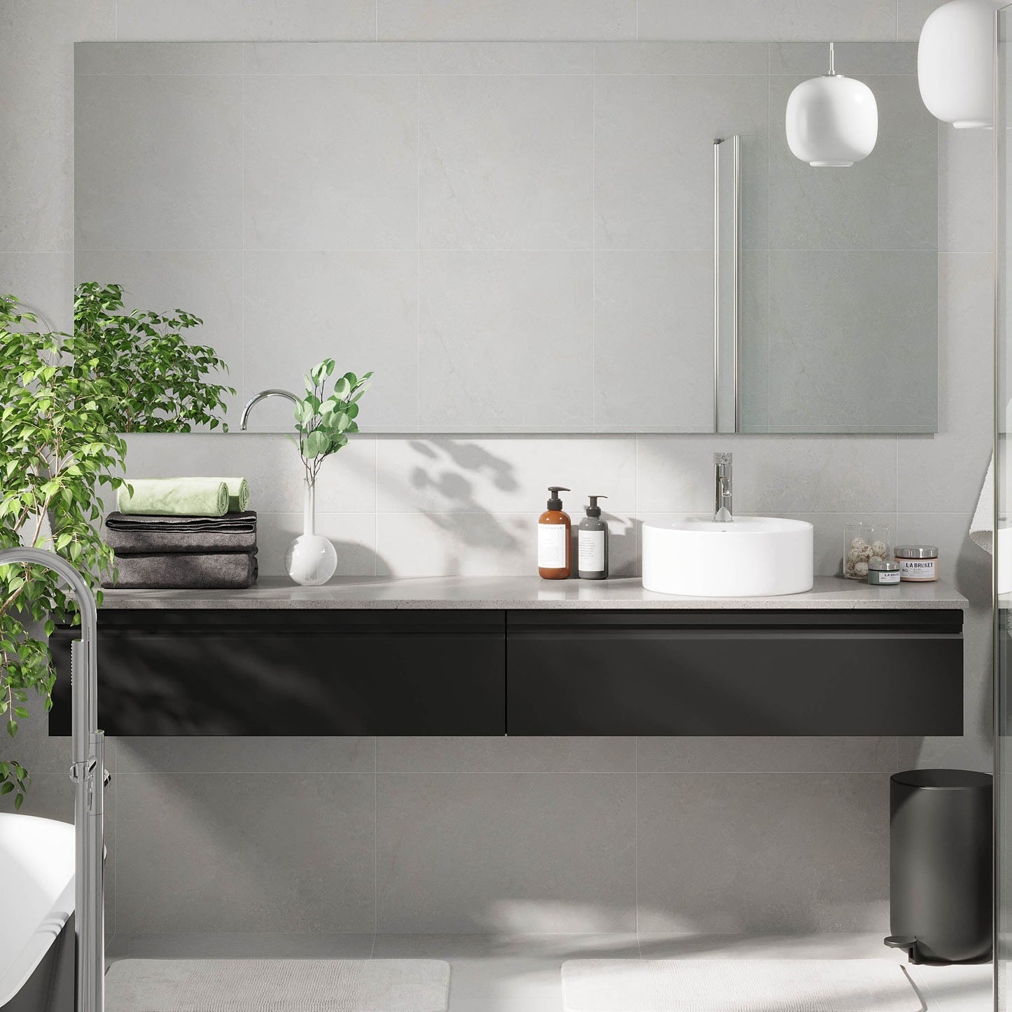 Badrumsmöbel med modern integrerad front - 80x46x29 cm - mattsvart - grå bänkskiva med porslinstvättställ - Mirage