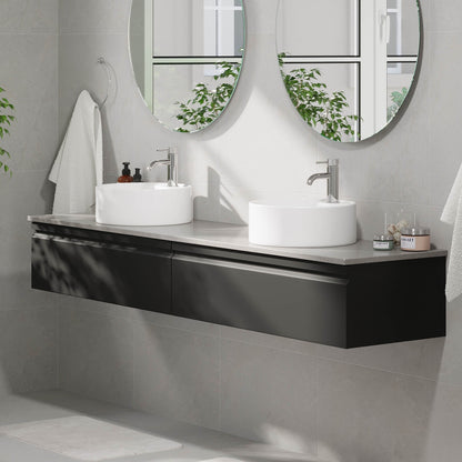 Badrumsmöbel med modern integrerad front - 80x46x29 cm - mattsvart - grå bänkskiva med porslinstvättställ - Mirage